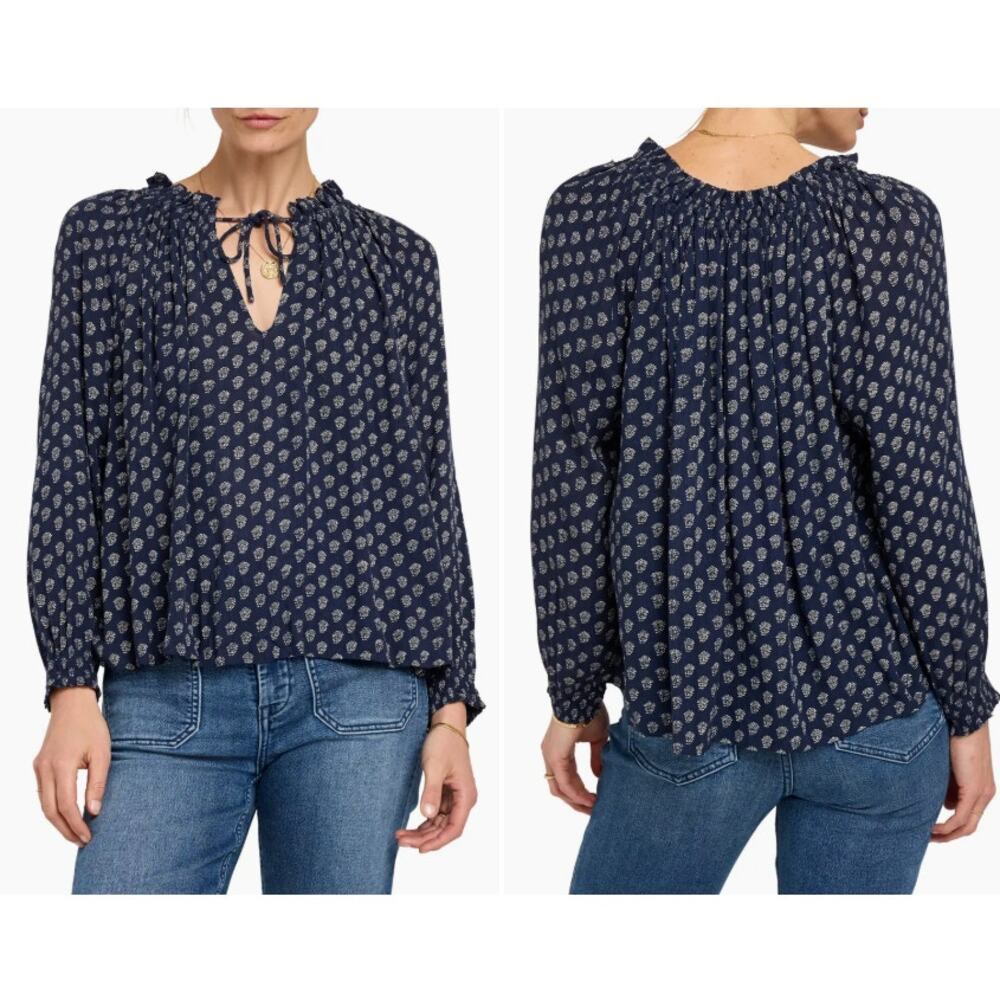 Faherty Smocked Emery Peasant Blouse XS Tie Boho Prairie Navy Blue Lotus Flower
